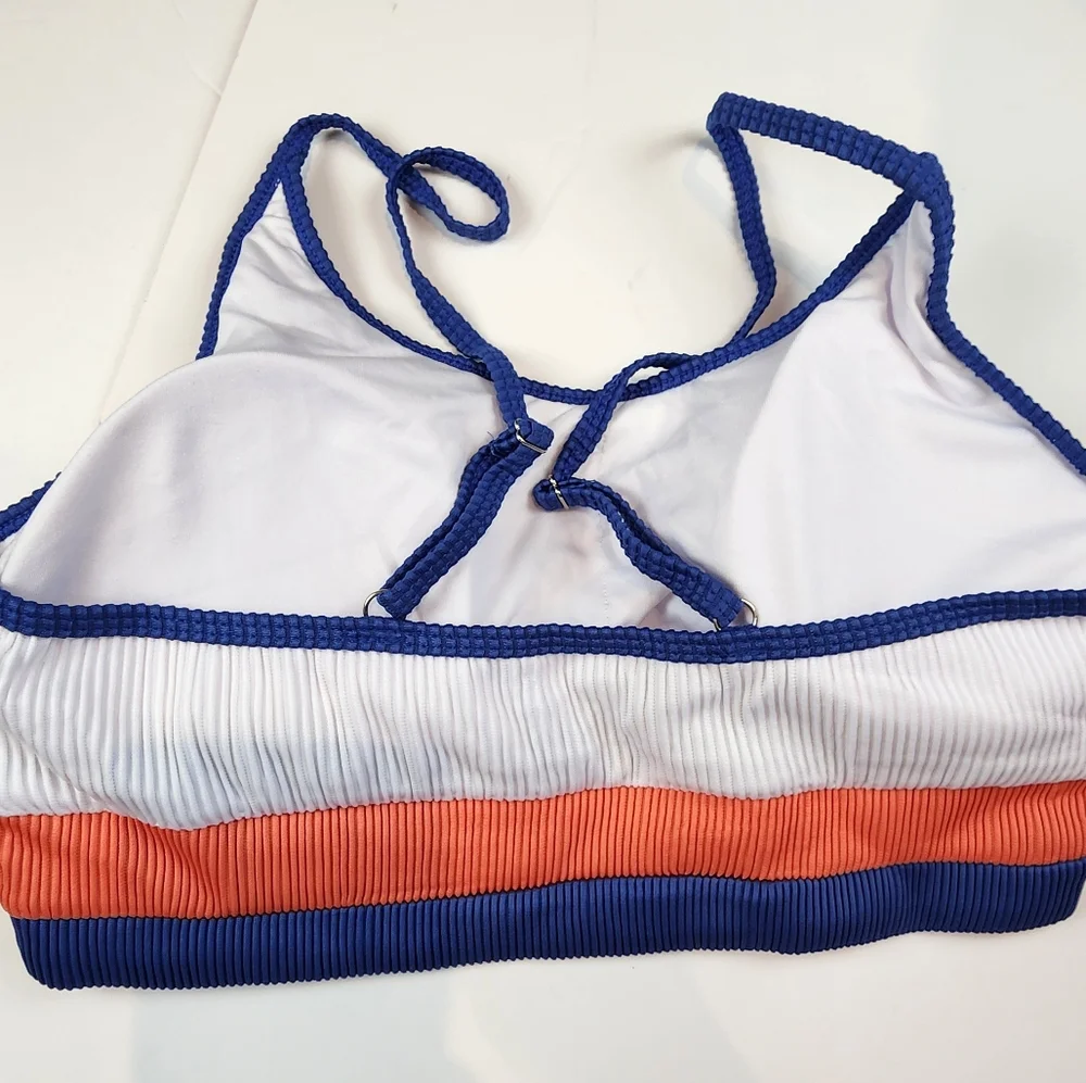 Retro Colorblock High Waist Bikini Set Ribbed Orange‎ White 822  Bikini M